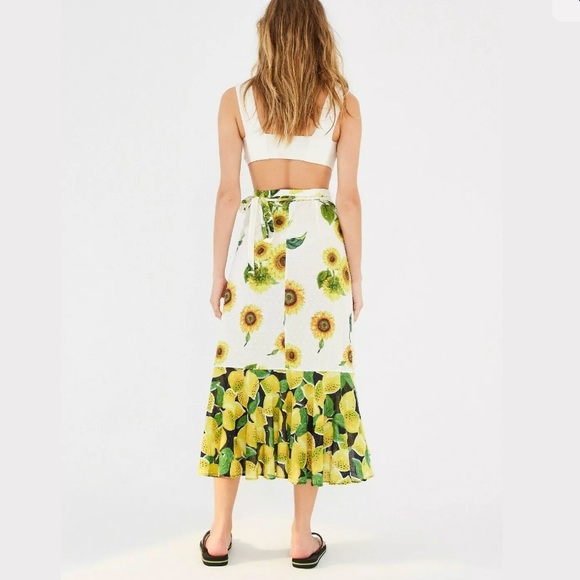 Anthropologie Farm Rio Sunflower Lemon Wrap Skirt - Picture 2 of 14